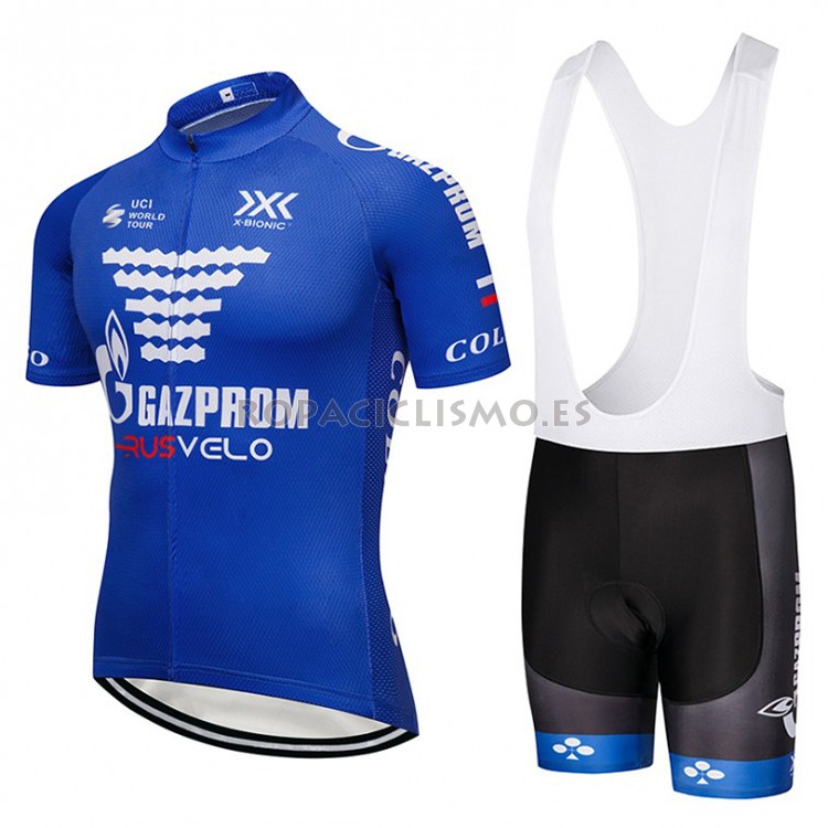 2018 Maillot Gazprom Rusvelo Tirantes Mangas Cortas Azul y Blanc